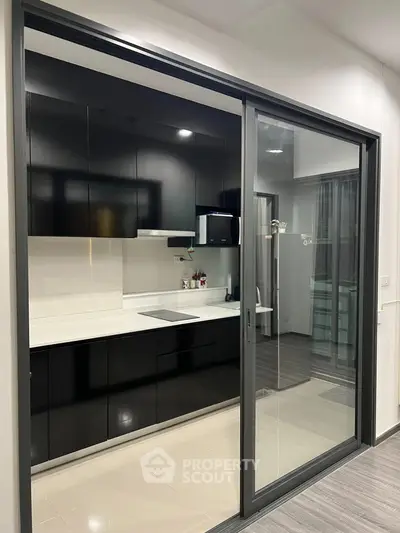Modern kitchen with sleek black cabinets and sliding glass door