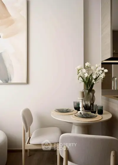 Cozy dining nook with elegant decor and modern furniture in a stylish apartment.