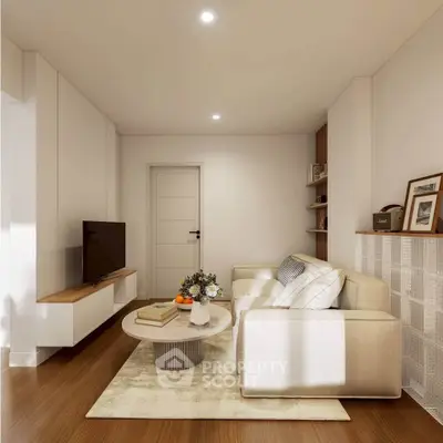 Modern living room with sleek furniture and warm lighting, perfect for cozy gatherings.