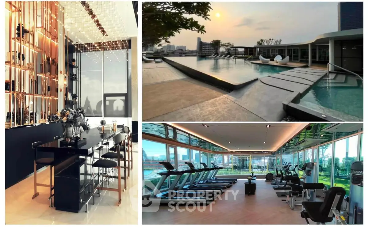 Luxurious condo amenities with rooftop pool, modern gym, and elegant lounge area.