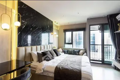 Luxurious modern bedroom with city view and elegant decor