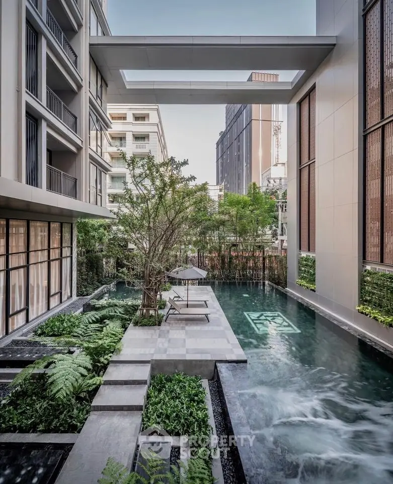Luxurious modern building with serene pool and lush greenery, perfect for urban relaxation.