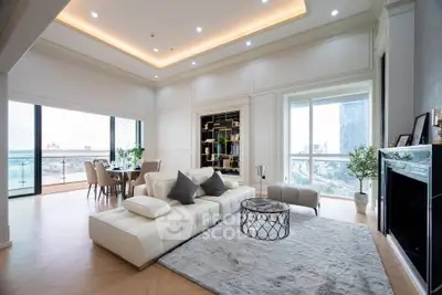 Luxurious modern living room with stunning city view and elegant decor