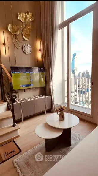 Luxurious living room with high ceilings, modern decor, and stunning city view from large windows.