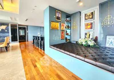 Luxurious living room with elegant decor and hardwood floors in a modern apartment.
