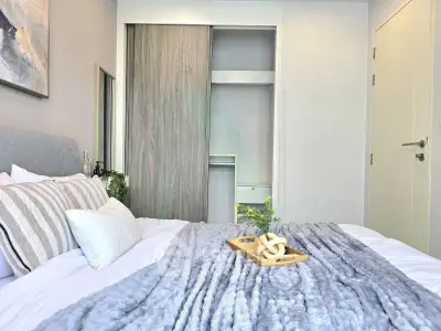 Modern bedroom with cozy decor and stylish open closet design.