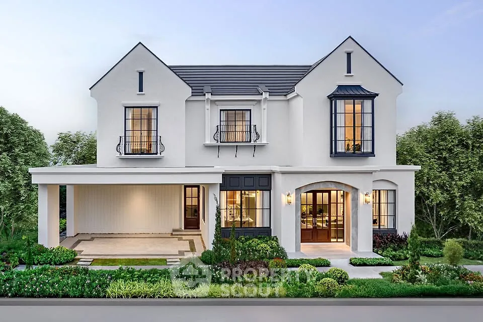 Stunning modern two-story home with elegant facade and lush landscaping