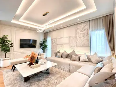 Luxurious modern living room with elegant decor and ambient lighting