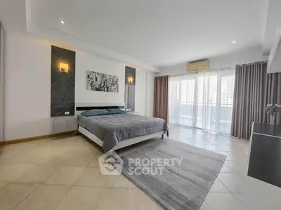 Spacious modern bedroom with large windows and elegant decor
