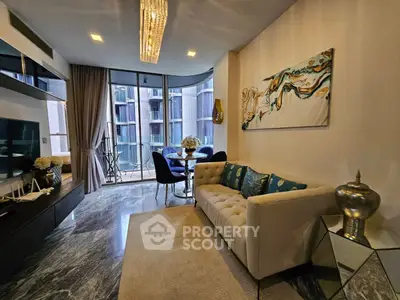Luxurious modern living room with elegant decor and city view balcony