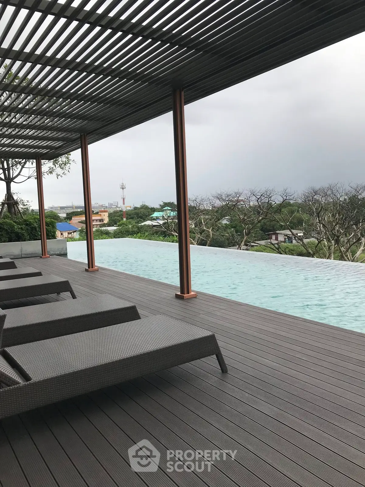 Luxurious rooftop pool with stunning city view and modern lounge chairs.