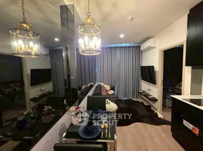 Stylish modern living room with elegant dining area and chic lighting