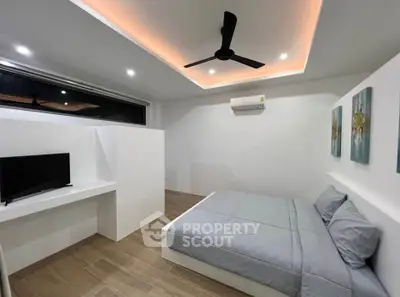 Modern bedroom with sleek design, featuring a ceiling fan, air conditioning, and ambient lighting.