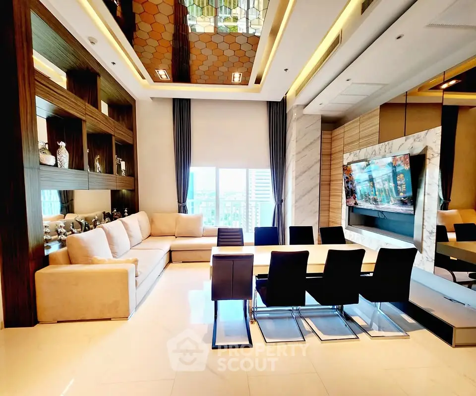 Luxurious modern living room with elegant dining area and large windows offering city views.