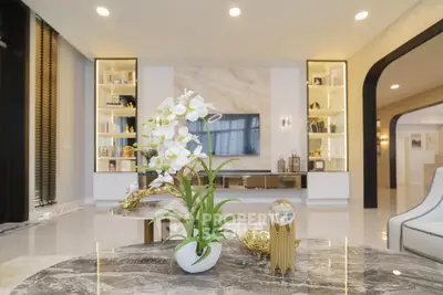 Luxurious modern living room with elegant decor and marble accents