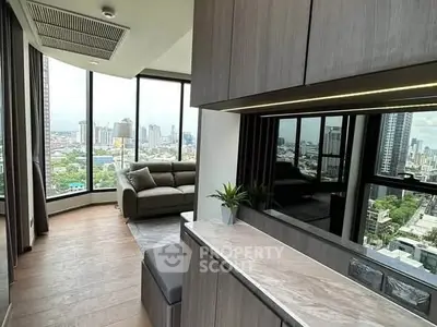 Modern living room with panoramic city views and stylish furniture