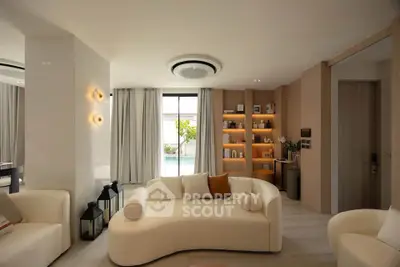 Luxurious modern living room with elegant curved sofa and pool view, perfect for relaxation and entertaining.