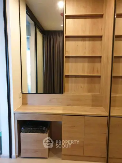 Modern wooden vanity with mirror and shelves in stylish interior