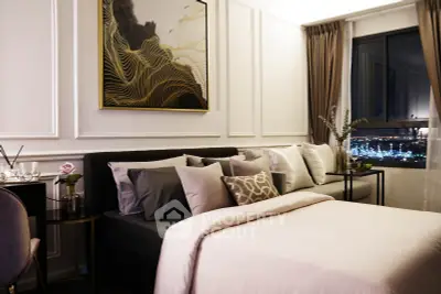 Luxurious bedroom with elegant decor and stunning city view from window