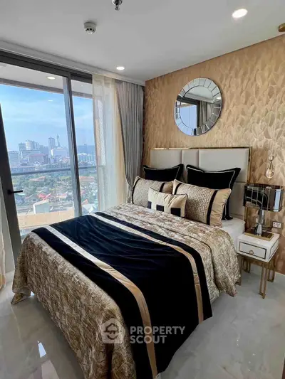 Luxurious bedroom with stunning city view and elegant decor
