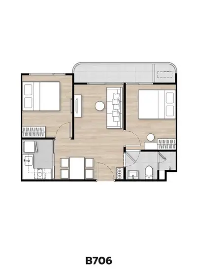 Modern apartment floor plan with two bedrooms and open living area.