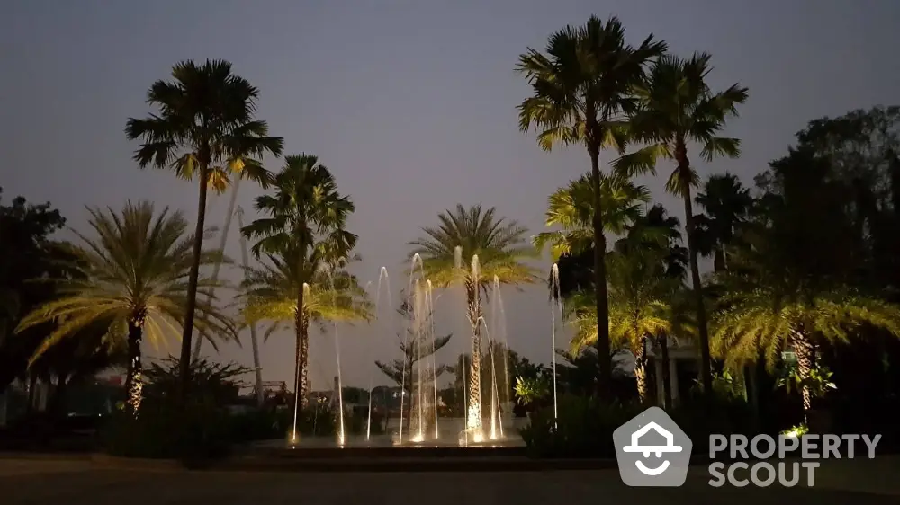 Stunning evening view of illuminated fountains surrounded by palm trees in a luxurious garden.