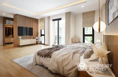 Spacious modern bedroom with elegant decor, large windows, and a cozy ambiance, perfect for relaxation.