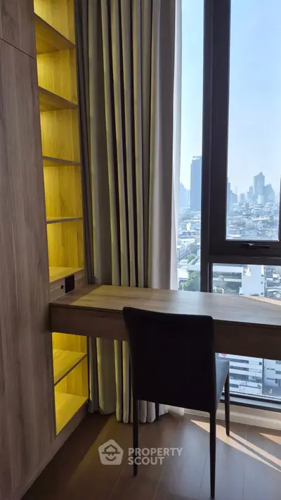Modern study area with city view and built-in shelving