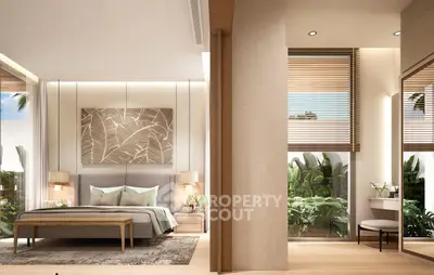 Luxurious bedroom with modern decor and large windows overlooking lush greenery, offering a serene retreat.