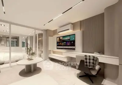 Modern living room with sleek design, featuring a wall-mounted TV, stylish furniture, and ambient lighting.