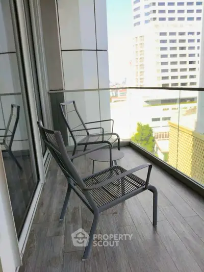 Modern balcony with city view and stylish outdoor seating
