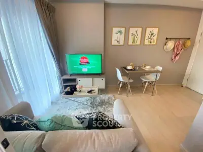 Chic living room with modern decor and cozy dining area, perfect for urban living.