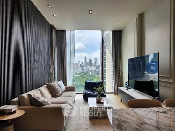 Luxurious living room with stunning city view, modern decor, and elegant furnishings.