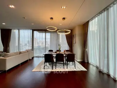 Luxurious modern living room with elegant dining area and panoramic city views.