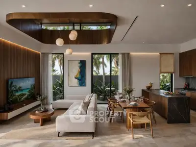 Luxurious modern living room with open kitchen, elegant decor, and tropical garden view.