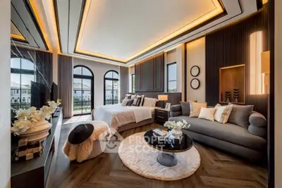 Luxurious bedroom with elegant decor and spacious layout, featuring large windows and stylish furnishings.