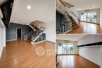 Spacious modern living room with wooden flooring and stylish staircase