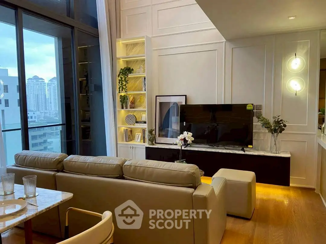 Luxurious modern living room with city view and elegant decor