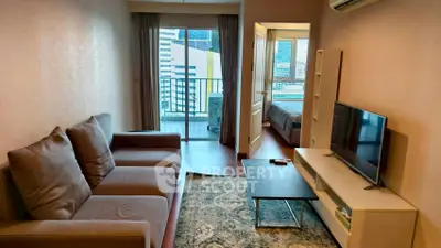 Modern living room with balcony view in urban apartment