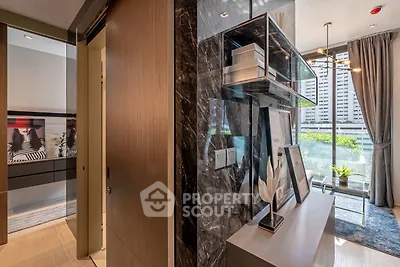 Modern apartment interior with stylish decor and city view balcony