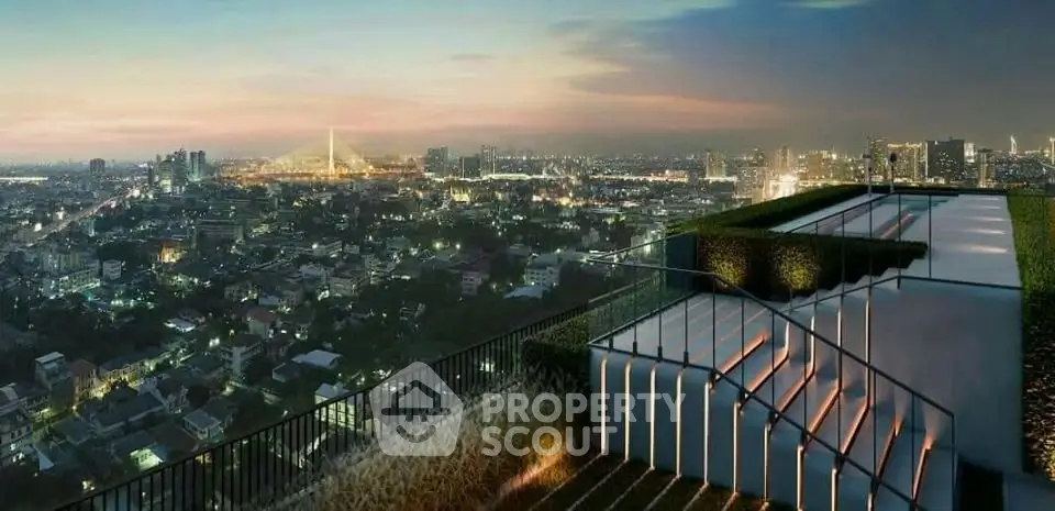 Stunning rooftop view with city skyline at sunset, perfect for urban living enthusiasts.