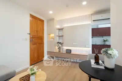 Modern living room with stylish decor and wooden accents