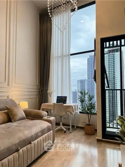 Luxurious high-rise living room with stunning city view and elegant decor