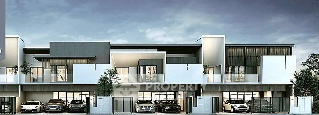 Modern townhouse exterior with sleek design and multiple car garages.