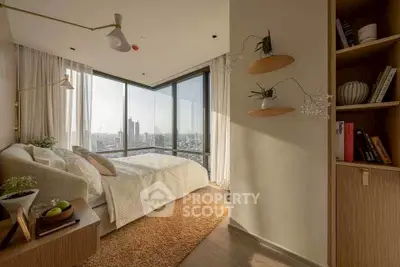 Luxurious bedroom with panoramic city view and elegant decor