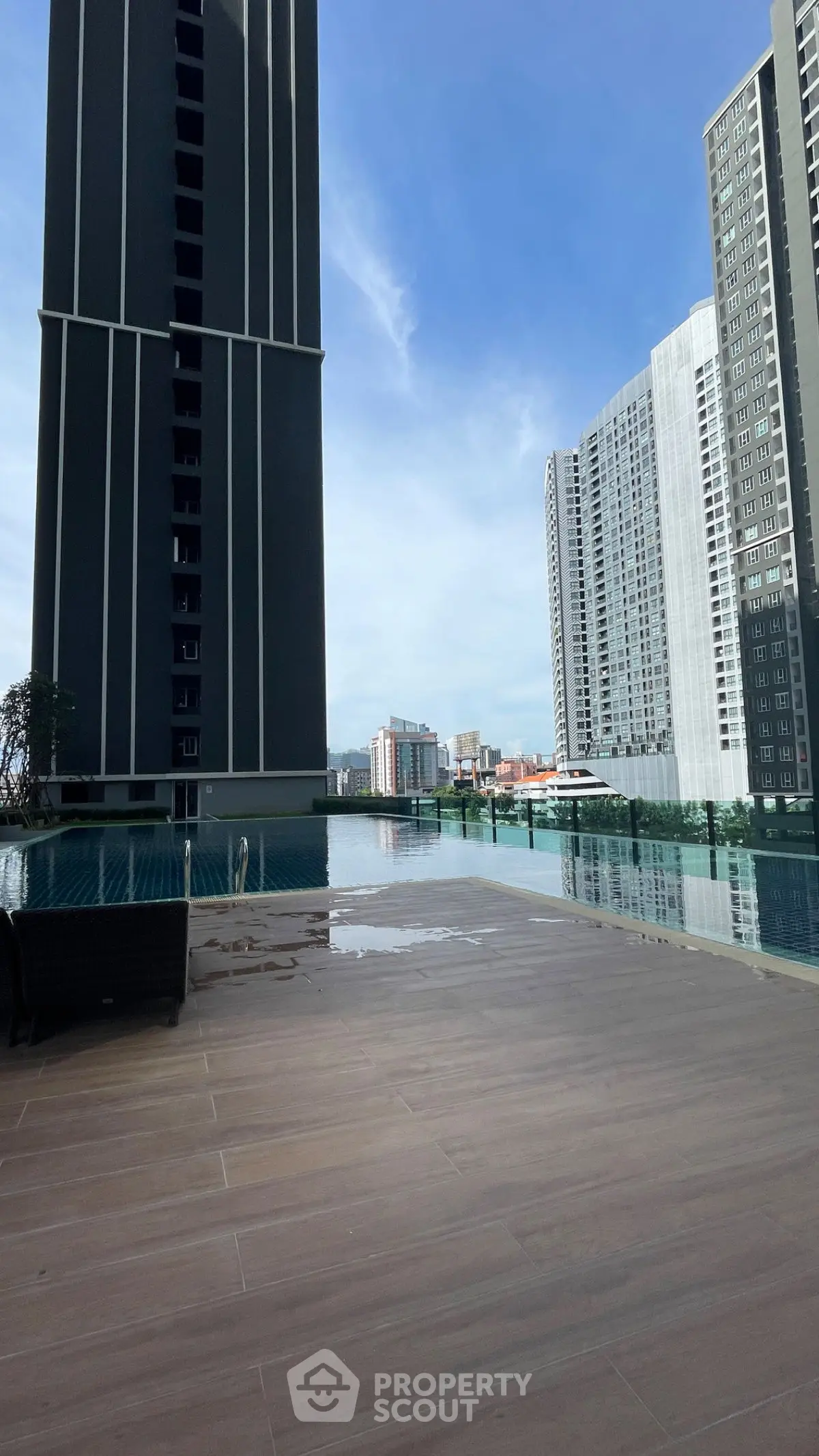 Luxurious high-rise apartment with stunning pool and city view, perfect for modern urban living.