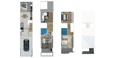 Modern architectural floor plan showcasing multi-level home design with spacious rooms and sleek layout.