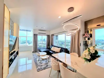 Luxurious modern living room with stunning city views and elegant dining area