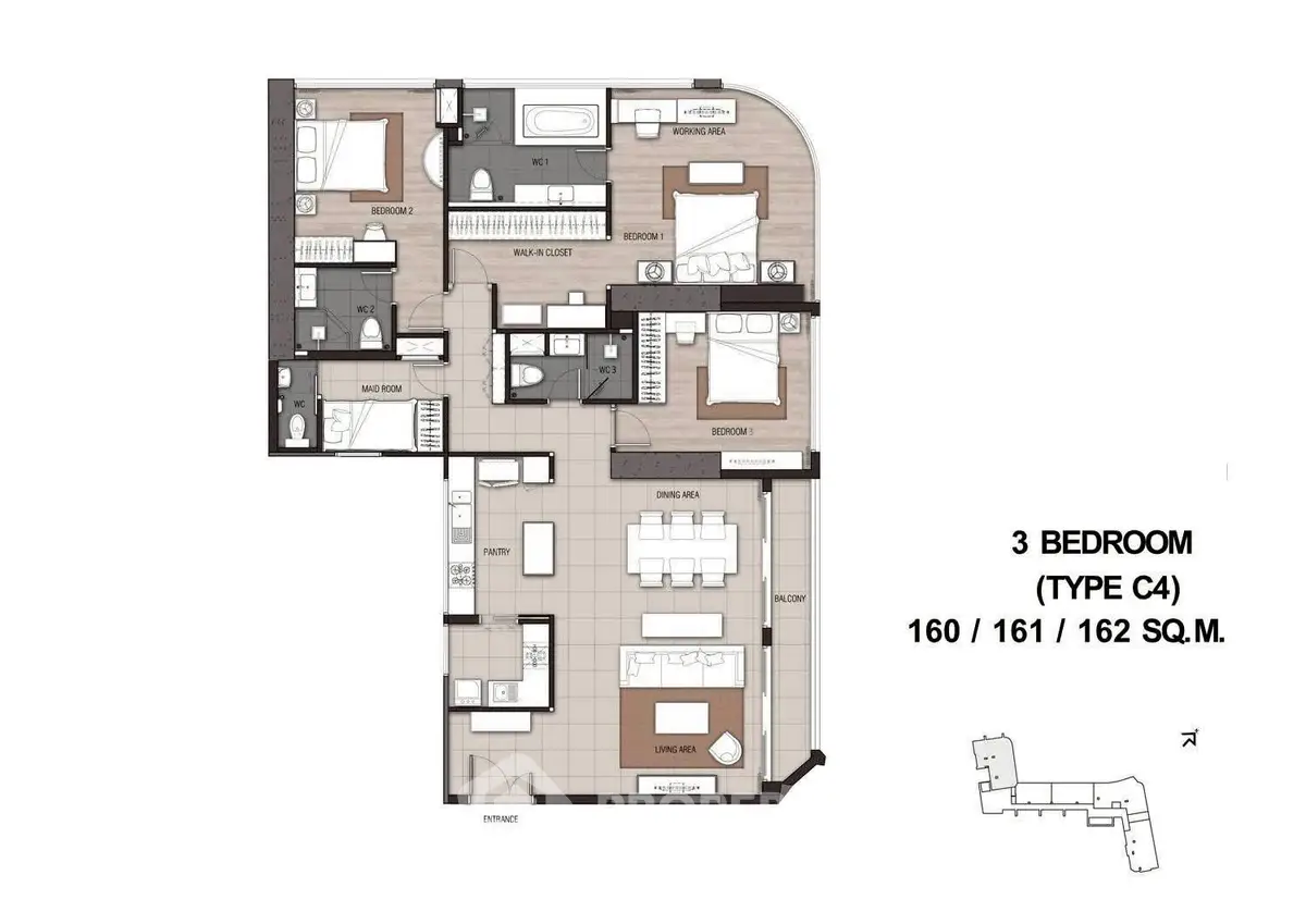 Spacious 3-bedroom apartment floor plan with modern layout and ample living space, ideal for families.