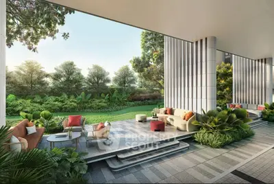 Luxurious garden terrace with modern outdoor seating and lush greenery, perfect for relaxation and entertaining.